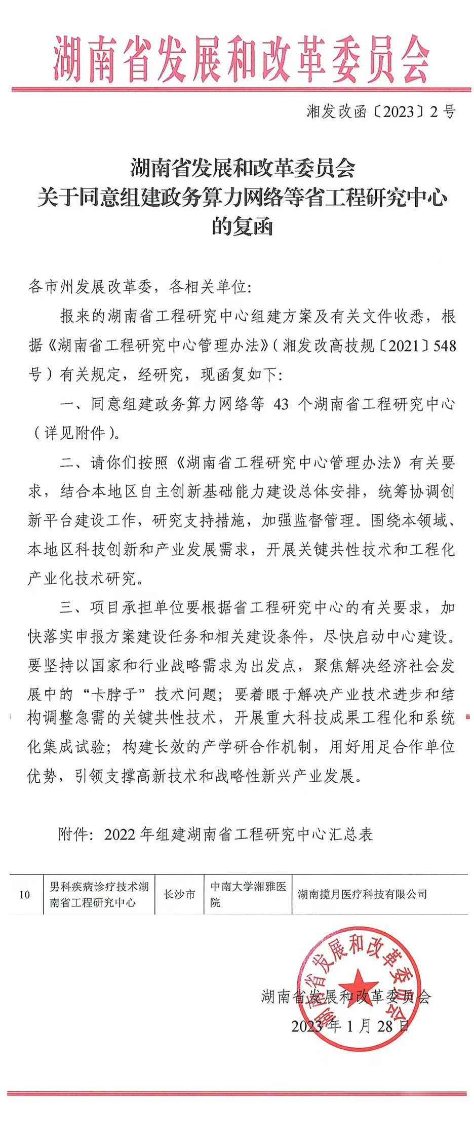 恭贺男科疾病诊疗技术湖南省工程研究中心荣获湖南省发改委批复